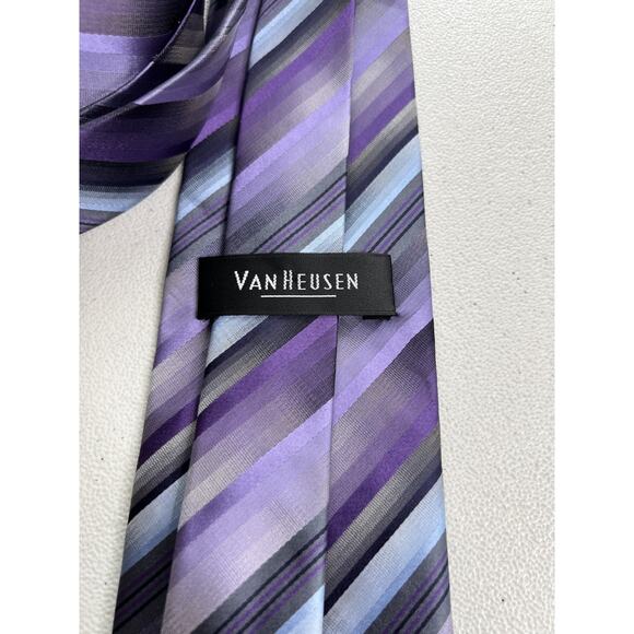Van Heusen Purple, Gray, Blue Striped Pattern 100% Silk Handmade Tie NWOT - Picture 6 of 7